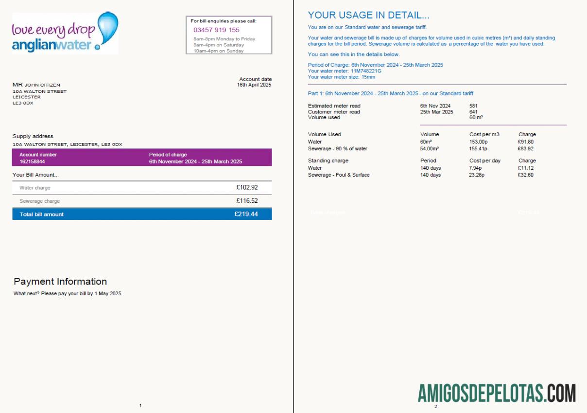 em branco Modelo de conta de serviços públicos de água Anglian do Reino Unido em formatos Word e PDF, 2 páginas